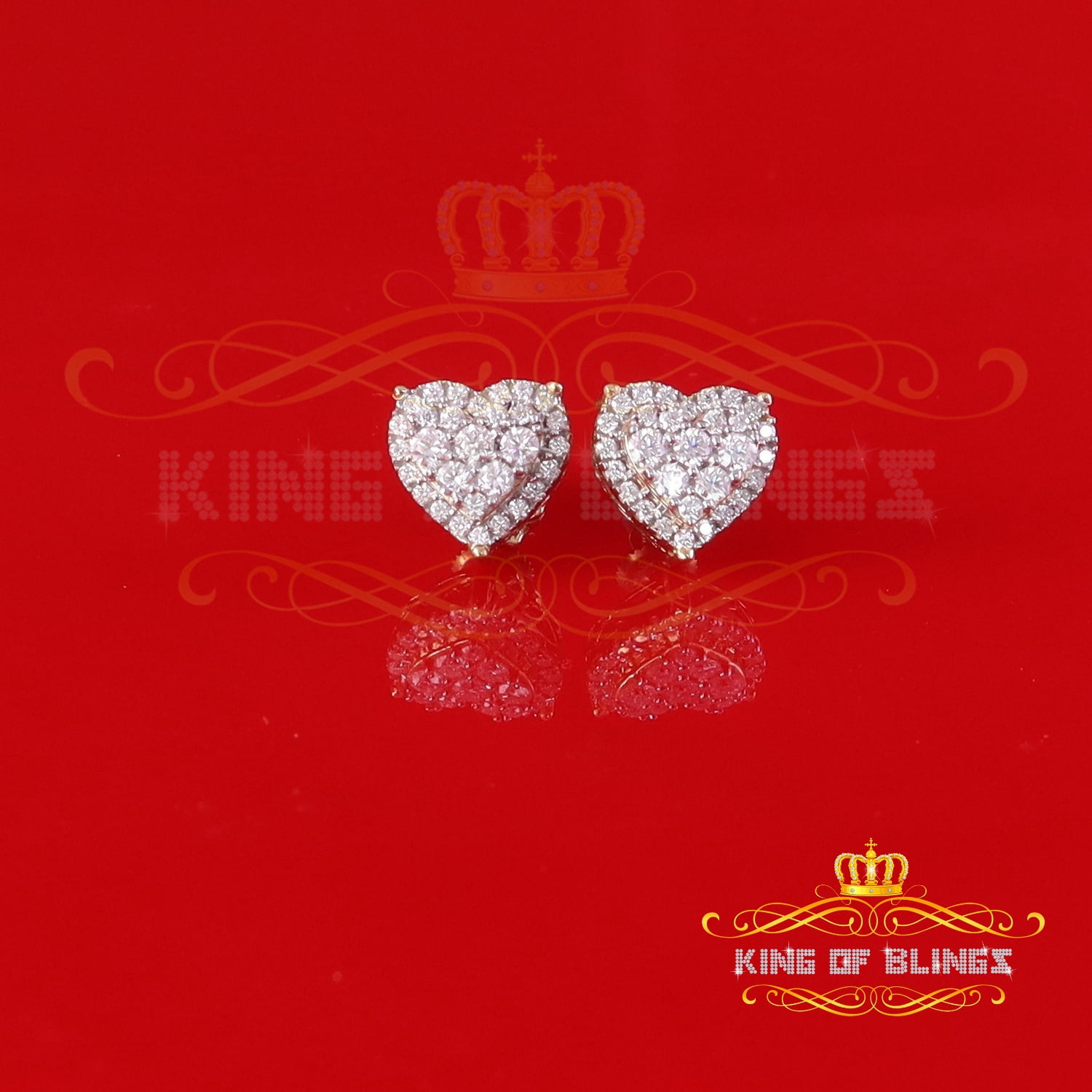 King of Bling's Men's/Womens 925 Silver Yellow 1.00ct VVS 'D' Moissanite 3D Heart Stud Earrings