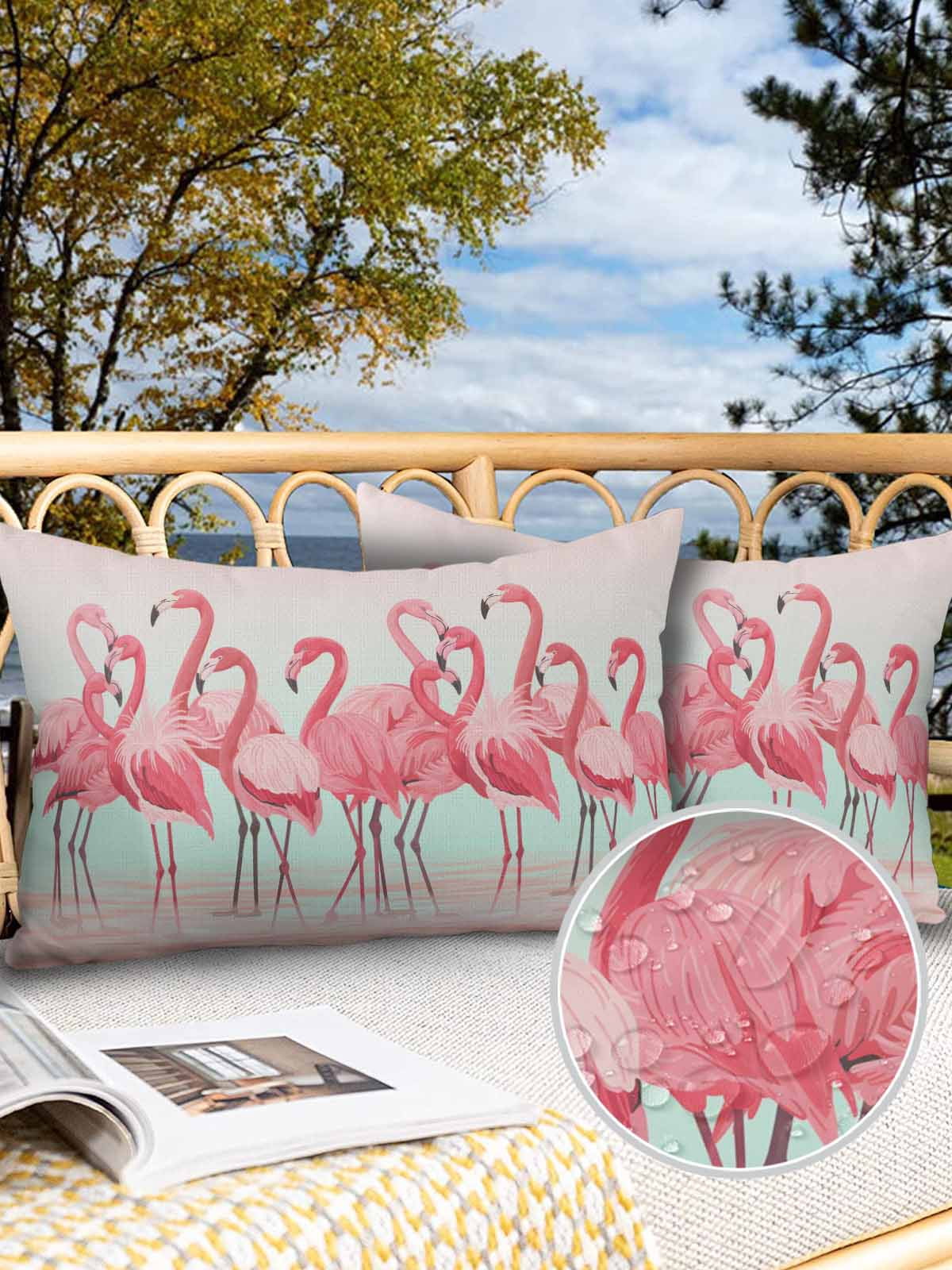 Outdoor Waterproof Throw Pillow Covers Set of 2 Pink Flamingo Decorative Pillowcases Lumbar Outdoor Pillows Cushion Case 20x12 Inch Tropical Animal Ombre Teal Patio Pillows for Couch Sofa Bed Garden