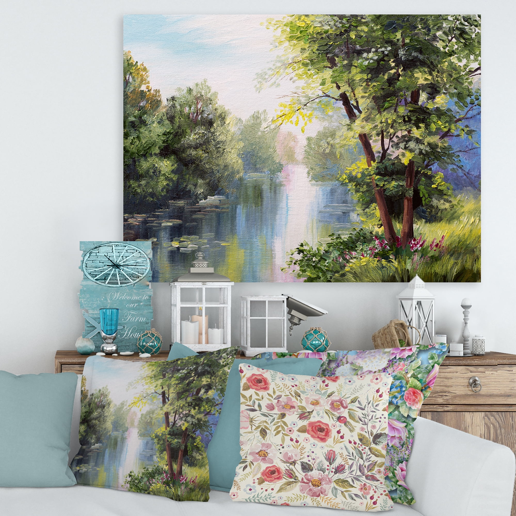 Designart ' Lake In The Forest Summer Day - Landscape ' Lake House Canvas Wall Art Print