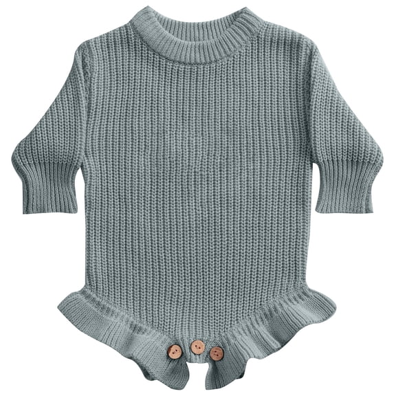 XIMIN Infant Baby Girls Ruffled Knit Romper Crewneck Long Sleeve Thick Basic Plain Cute Sweater Bodysuit Fall Winter Warm Pullover Jumpsuit