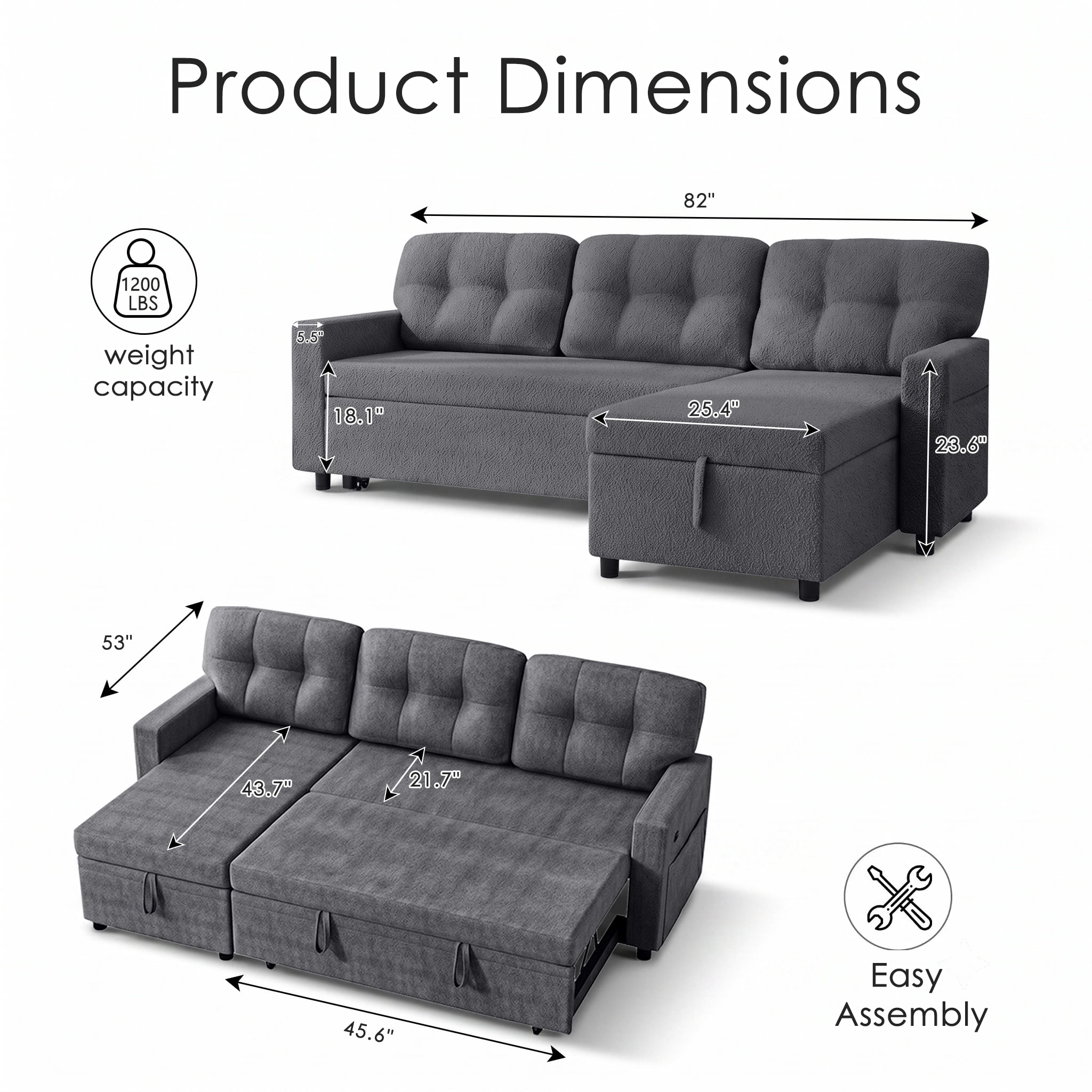 avobird 82" L Shaped Sleeper Sofa Bed, 3-Seat Convertible Sectional Couches with Storage Chaise, Terry Cloth Pull Out Couch for Living Rooms, Apartment, Dark Gray
