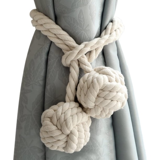 2 alzapa?os de cortina con 2 bolas de algodón, cortina de hilo de algodón de punto de cuerda ecológica, estilo natural y simple, decoración para habitación o dormitorio (beige)