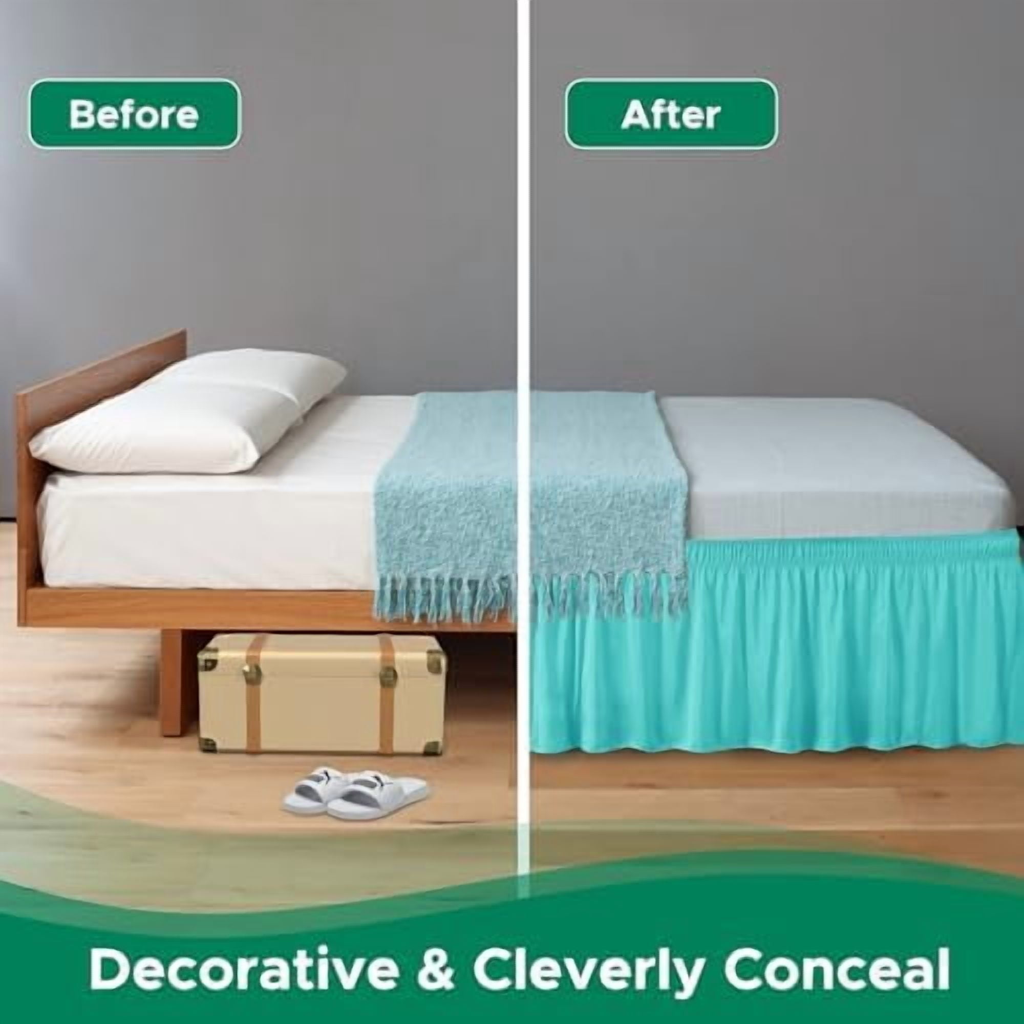 Wrap Around Bed Skirts for King & Cal King Beds with Short Drop of 12", Aqua Adjustable Elastic Dust Ruffles Easy Fit Wrinkle Resistant Silky Luxurious Fabric Machine Washable