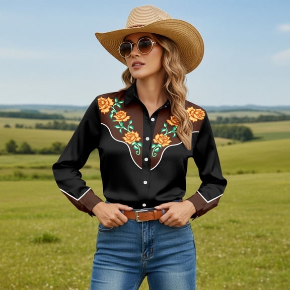 Western Cowboy Cowgirl Shirts for Women Long Sleeve Button Down Shirt Floral Embroidery Country Style Black Tops L