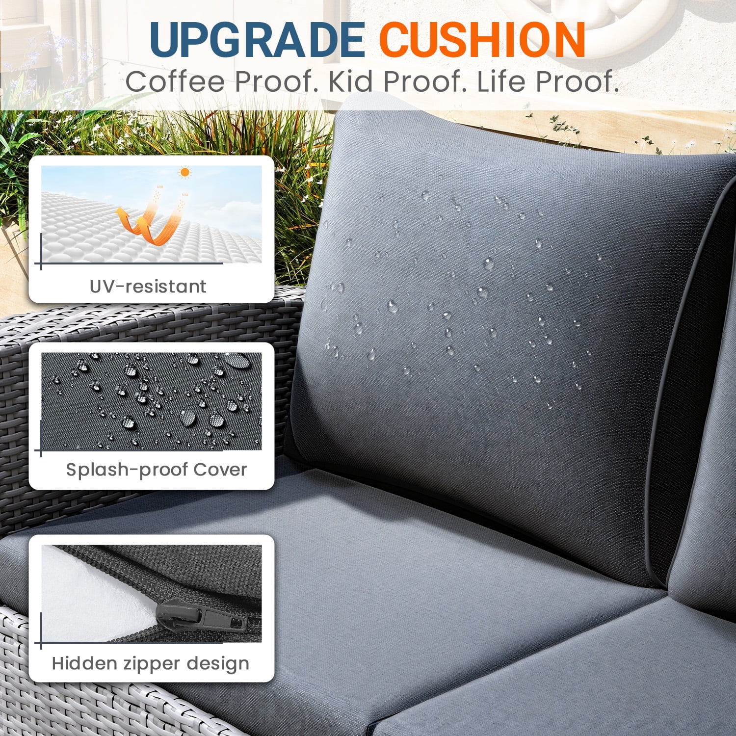 Superjoe 4-Piece Outdoor Patio Furniture Sets, Wicker Rattan Conversation Set, Gray Rattan Black Cushion