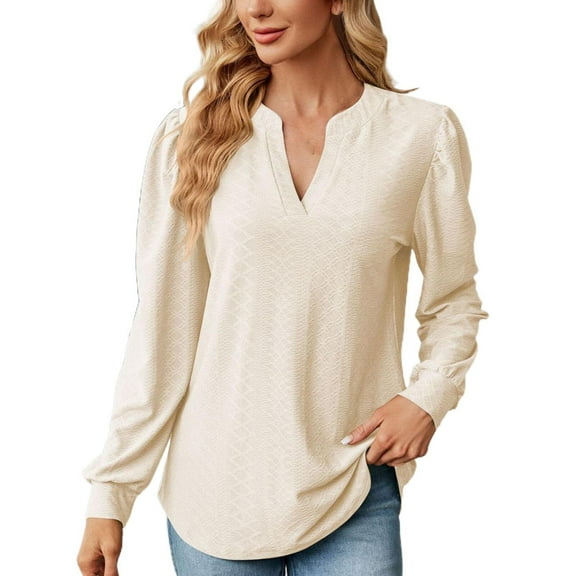 JYLPZYR Womens T Shirt Autumn and Winter Solid Color V Neck Jacquard Long Sleeved Loose T Shirt Top Ladies Tall Womens Clothing(A,M)