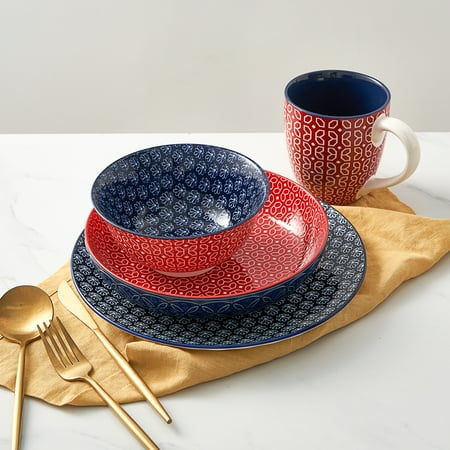 Dowan Vibrant Joy 4-Piece Ceramic Dinnerware Set Single Served Plate Set Porcelain Platters Soup Bowl &Coffee Mug Red & Blue Combo