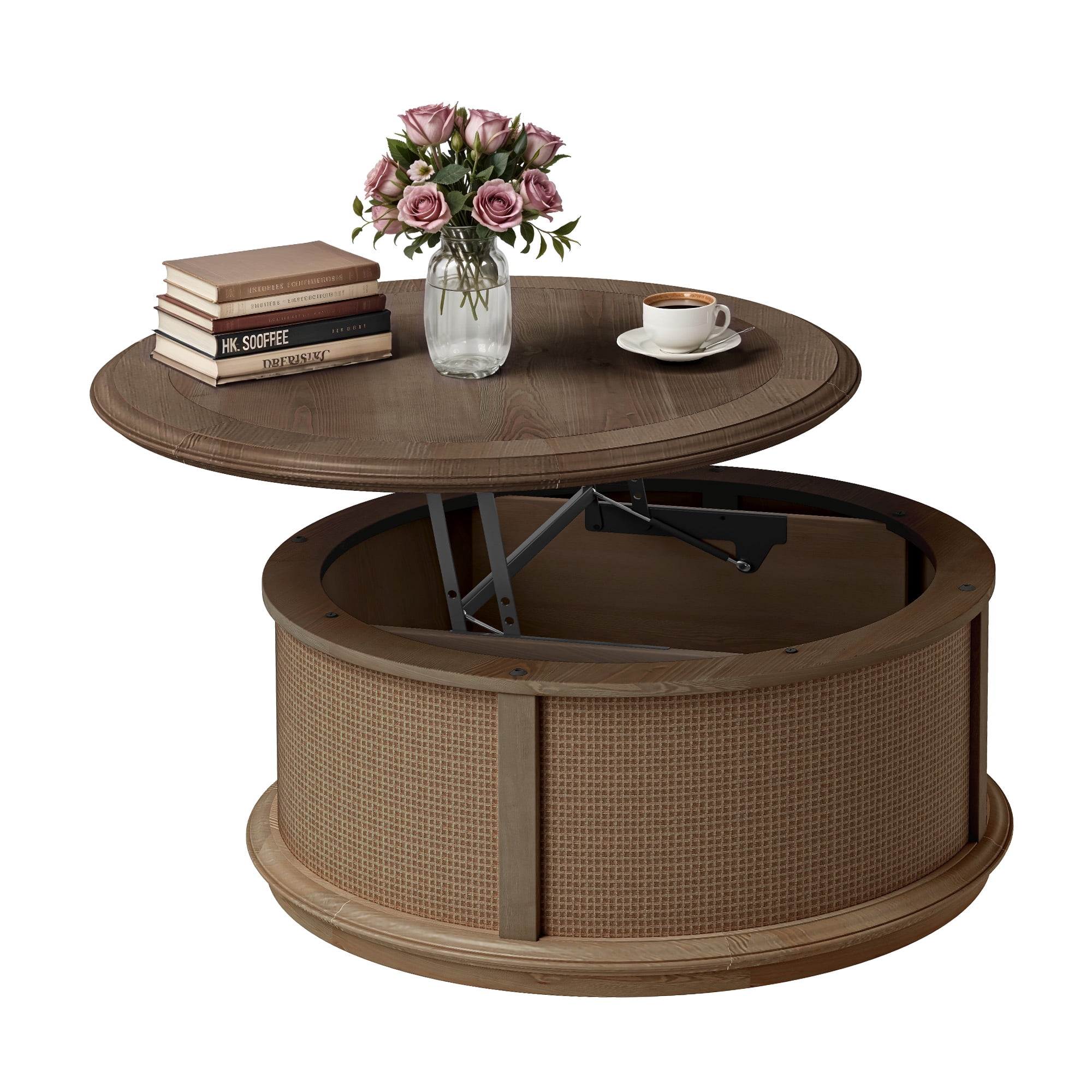 Uforic Multifunctional Round Rattan Lift-Top Coffee Table – Brown Wood Finish with Hidden Storage
