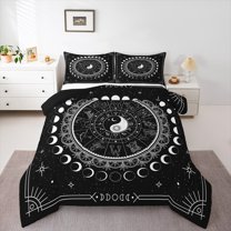Homewish Bohemian Sun Moon Queen Comforter Set, Mystic Astrology Galaxy Bedding Sets, Black White Reversible Bedding Comforter Set, Microfiber Bedroom Decor, 3 Pieces