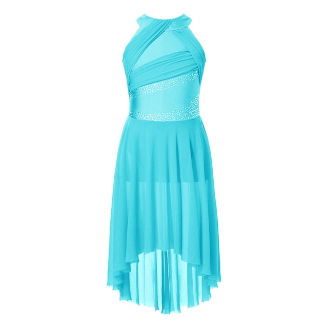 MSemis Kids Girls Shiny Rhinestone Sleeveless Lyrical Ballet Leotard Tulle Skirt Modern Contemporary Light blue 16
