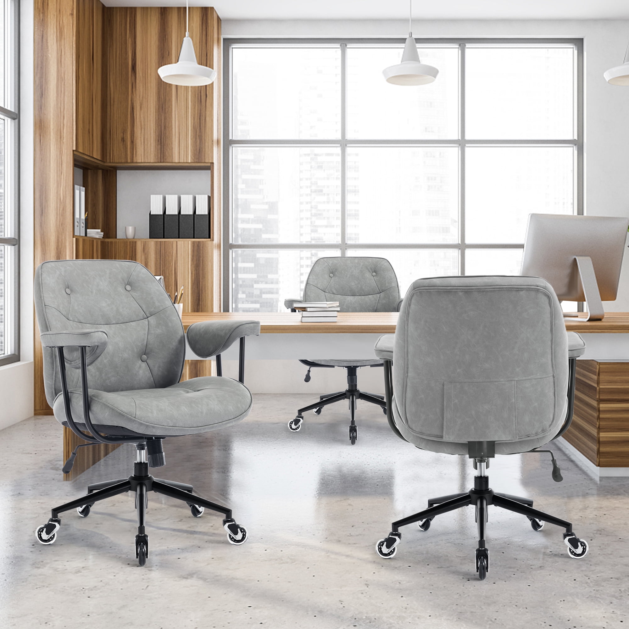 Mid Century Modern Office Desk Chair with Wheels and Arms, Mid Back Ergonomic Office Chair with Lumbar Support, Swivel Leather Computer Desk Chair for All Day Comfort