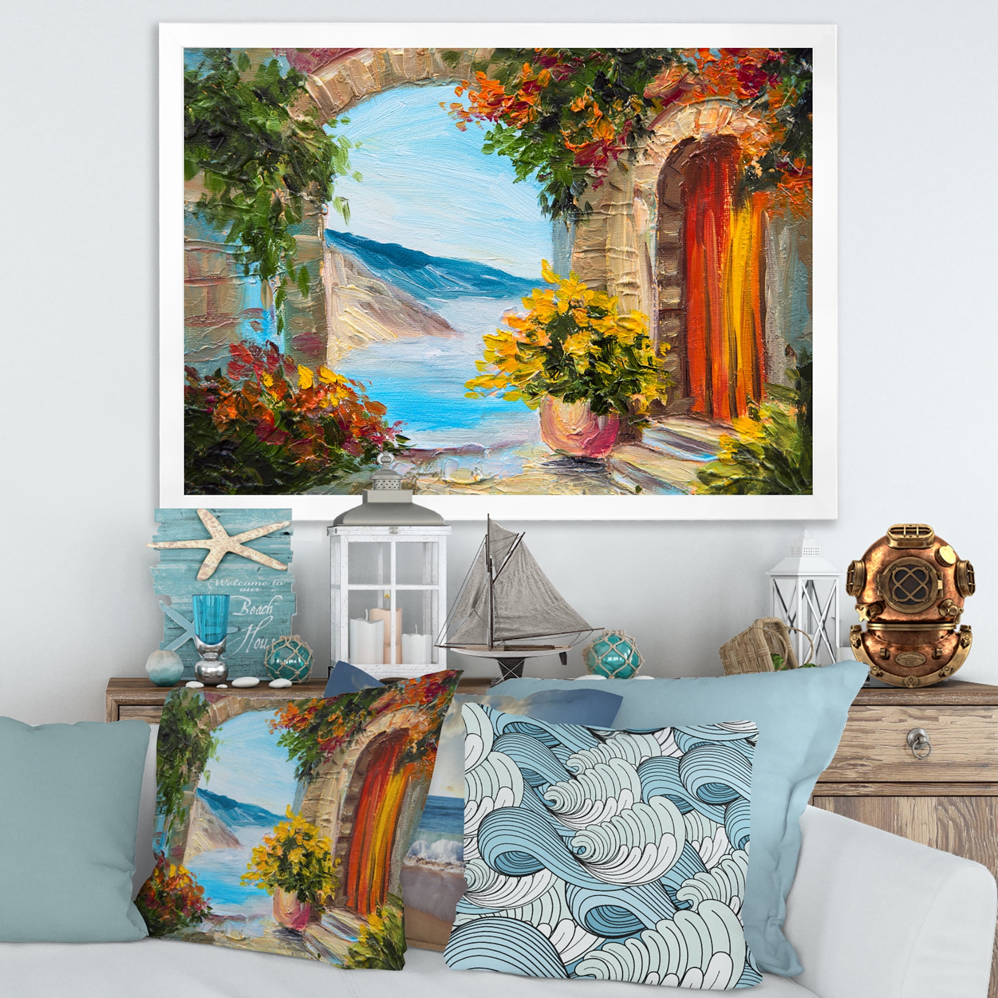 Designart 'House With Colorful Flowers Near The Sea Summer Season' Nautical & Coastal Framed Art Print