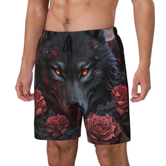 Bingfone Rose Full Moon Black Wolf for Men's Double Layer Swimming Trunks with Lining, Drawstring Style with Pockets Beach Shorts Men's Swimsuit-Small
