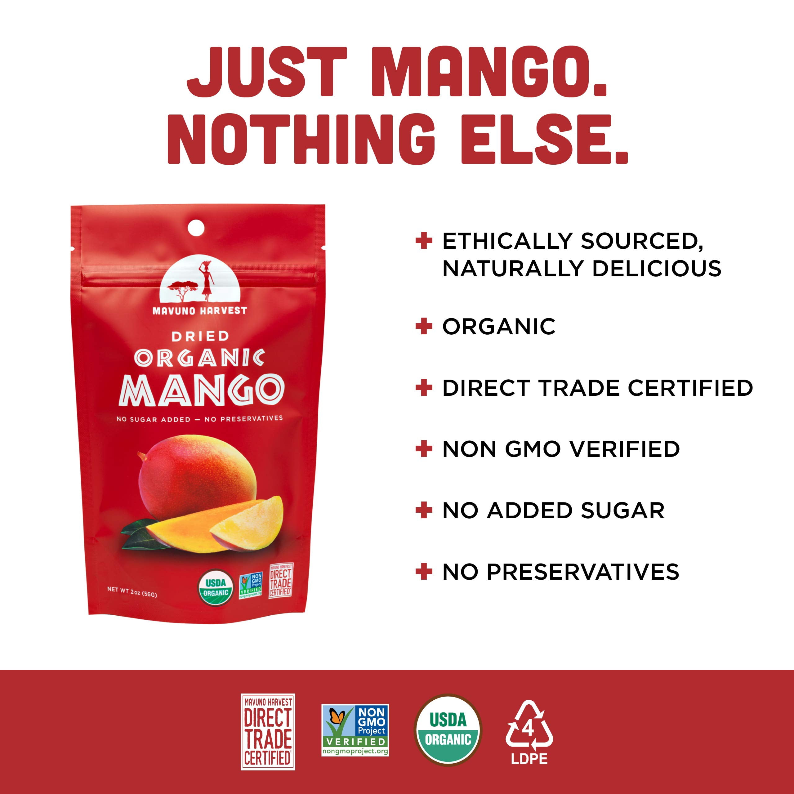 Mavuno Harvest Direct Trade Organic Dried Fruit, Mango, 2 Ounce (Pack of 6)