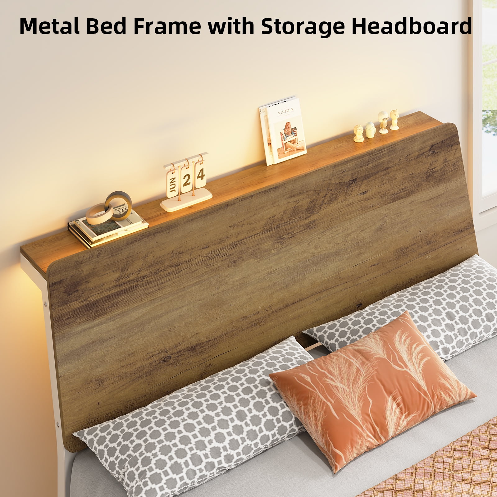 4 EVER WINNER Queen Bed Frame with Storage Headboard and LED Light, Metal Platform Bed Frame with Wooden Headboard, No Box Spring, Brown and White