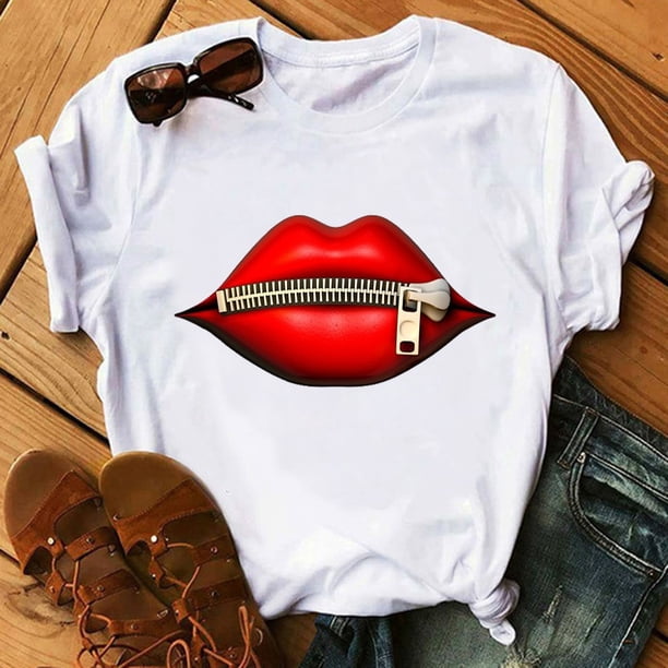 Mujeres Tops cuello redondo Sexy negro camisetas beso labio divertido verano mujer suave camiseta labios acuarela gráfico camiseta Top9180 Tan Jianjun unisex