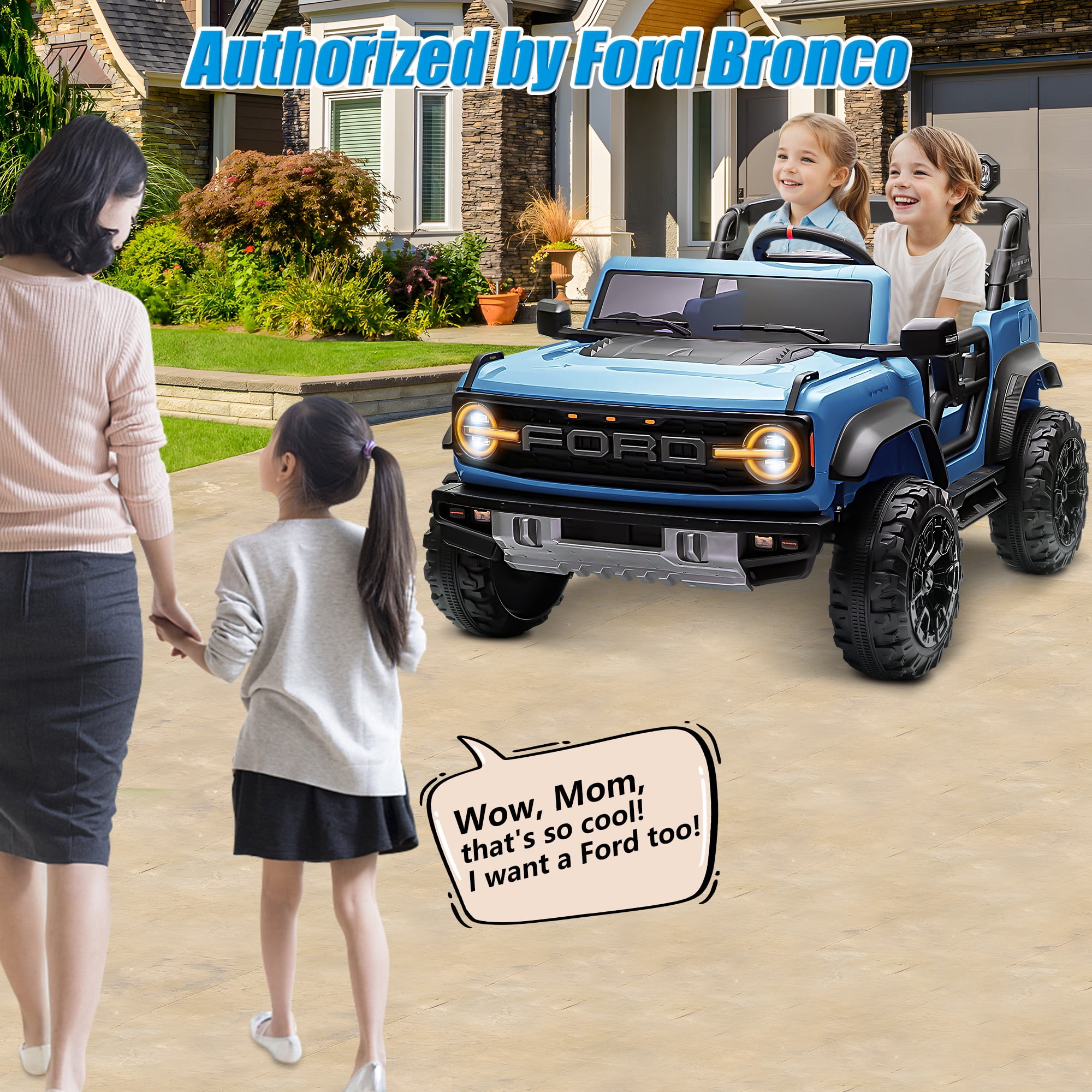 Conchico 24V 2 Seater Licensed Ford Bronco Powered Ride-On Truck, Kids Ride on Toys with Remote Control & Seatbelt, Blue