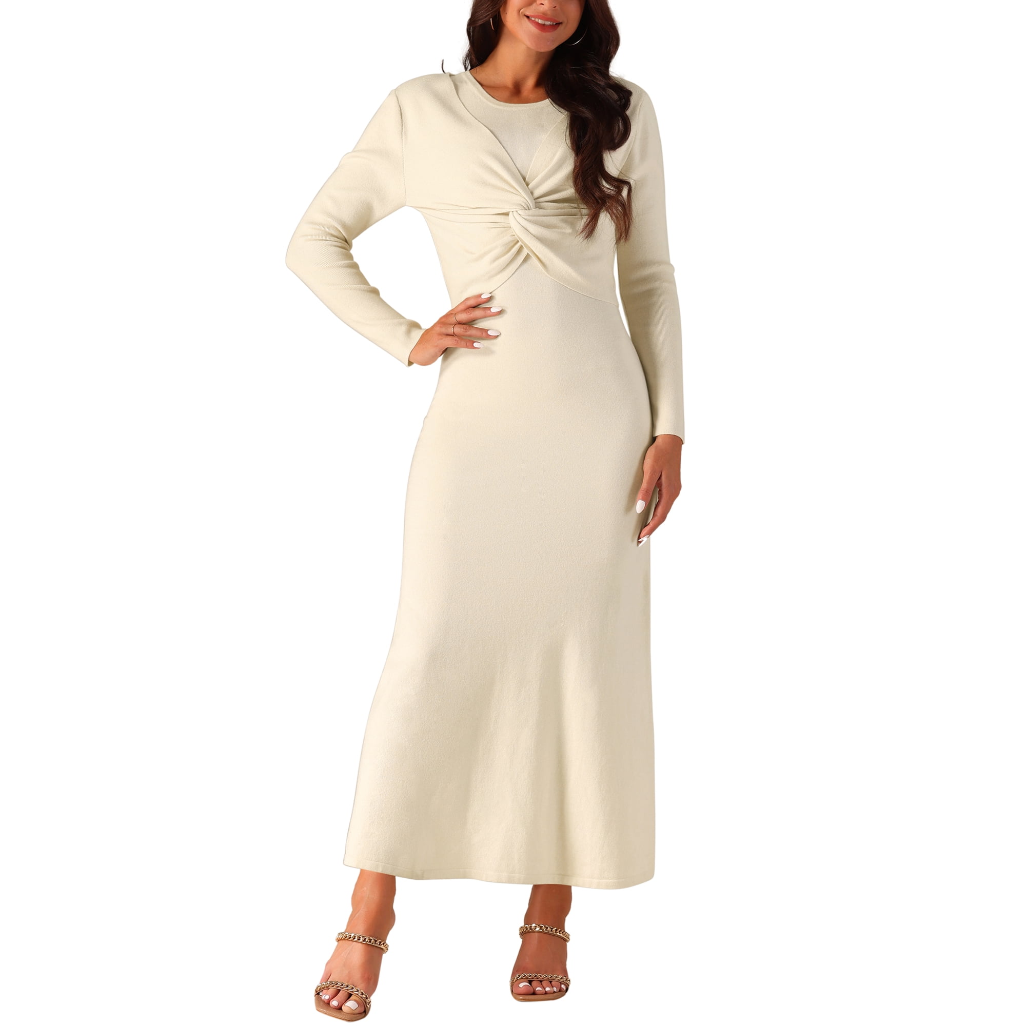 Unique Bargains Women s Midi Two Pieces Tank Dress Set Long Sleeve Twist Front Sweater A Line Dress Beige XL