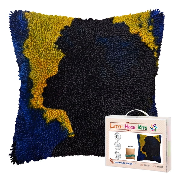 Black African Woman DIY Latch Hook Pillow Kits for Adults Printed Pillowcase Crochet Yarns Hooking Handmade Pillow Cover Cushion for Home Sofa Decoration 17x17inch
