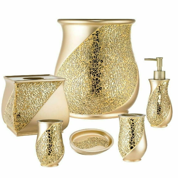 Popular Bath Sinatra Gold Basket, Tissue, Cup, Soap Dish, Toothbrush, Lotion, 6 Piece Set