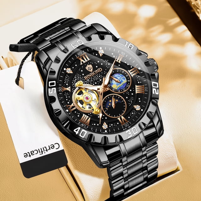 Reloj Mecánico para Hombre con Cielo Estrellado, Correa de Acero Bicolor Impermeable de 30 M con Fases Lunares Luminosas
