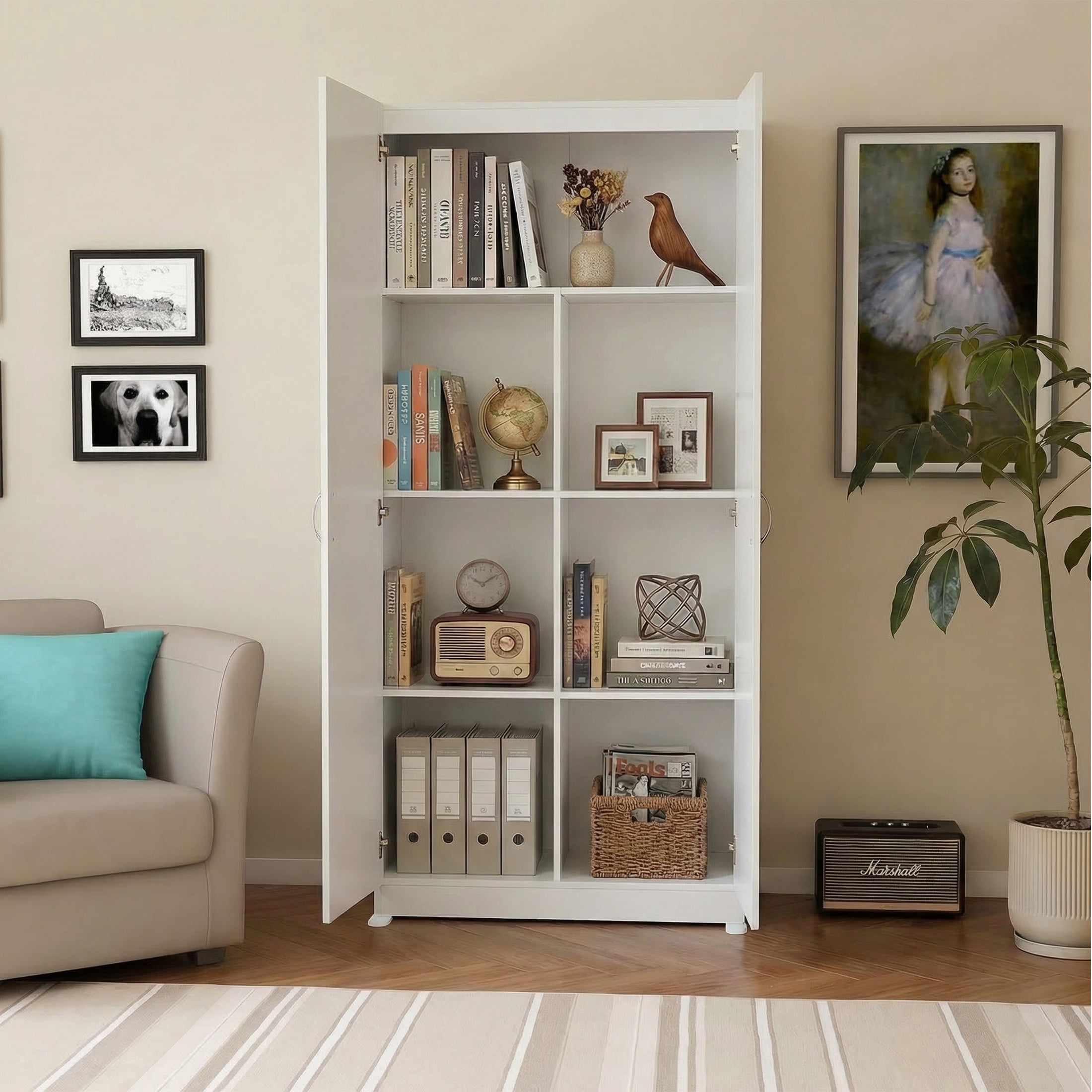 CONCETTA 71 inch Wooden Storage Cabinet, Freestanding Cupboard, 4-Tier Home Organizer for Kitchen, Living Room, Bedroom, Pantry, White