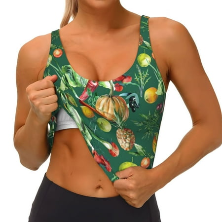 Qokaie Vegan Pattern Womens Scoop Neck Sports Bra Breathable Workout Vest Padded U Back Medium Impact Fitness Gym Yoga Bra Workout Crop Top