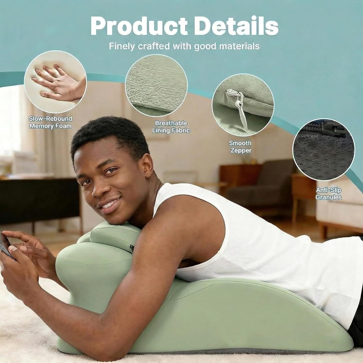 Wedge Pillow Memory Foam 27 Degree Angled Support Multi Position for Waist Neck Reading Relax