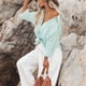 thumbnail image 3 of Camisas de manga larga con botones para mujer Moda Casual Suelta Cuello vuelto Color puro Blusa de manga larga con cuello en V para mujer Verde menta S, 3 of 7