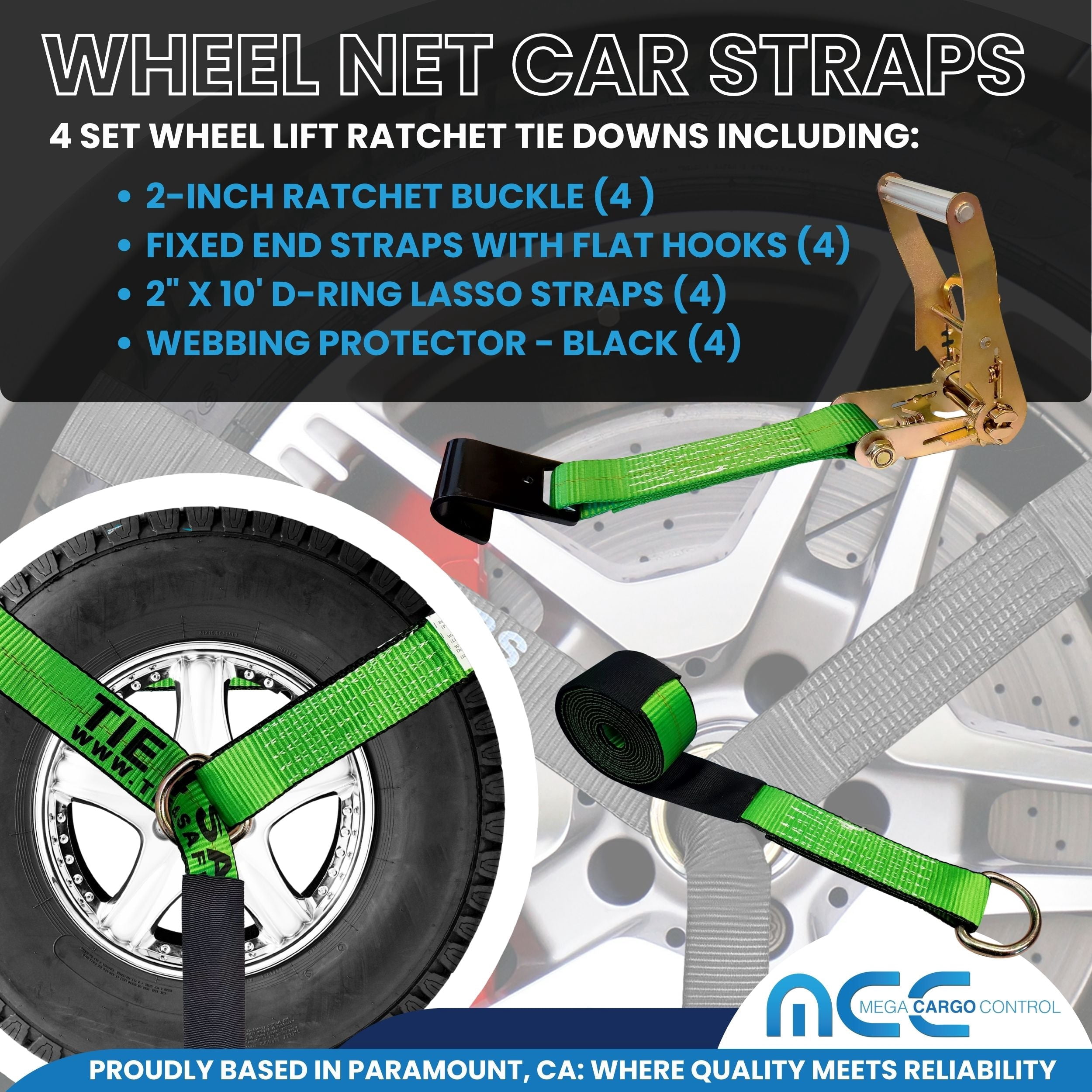 Mega Cargo Control 4 Pack 2" x 120" Car Hauler D-Ring Tie Downs Black Flat Hook Ratchet Straps, Green
