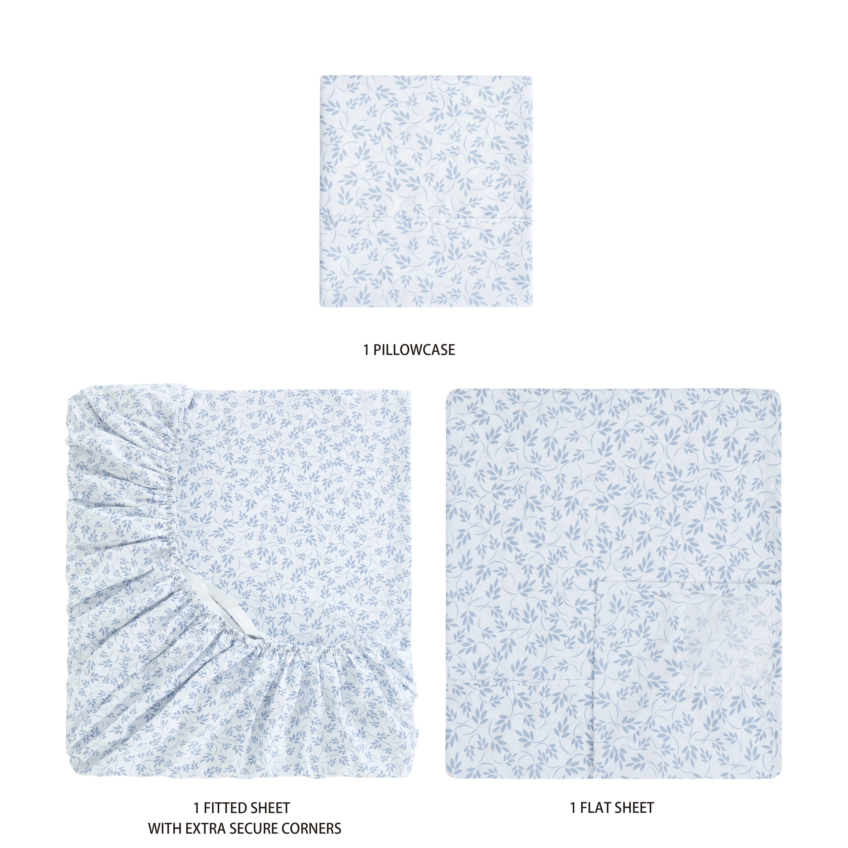 Mainstays Super Soft Brushed Microfiber Bed Sheet Set, Light Blue Leaves, Twin-XL, 3 Piece
