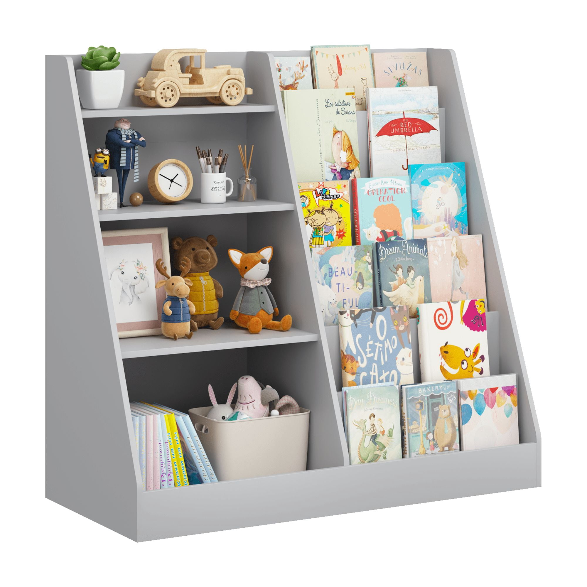 4-Tier Kids Bookshelf and Toy Storage Organizer, Wooden Bookcase Display Stand for Playroom and Nursery, Gray