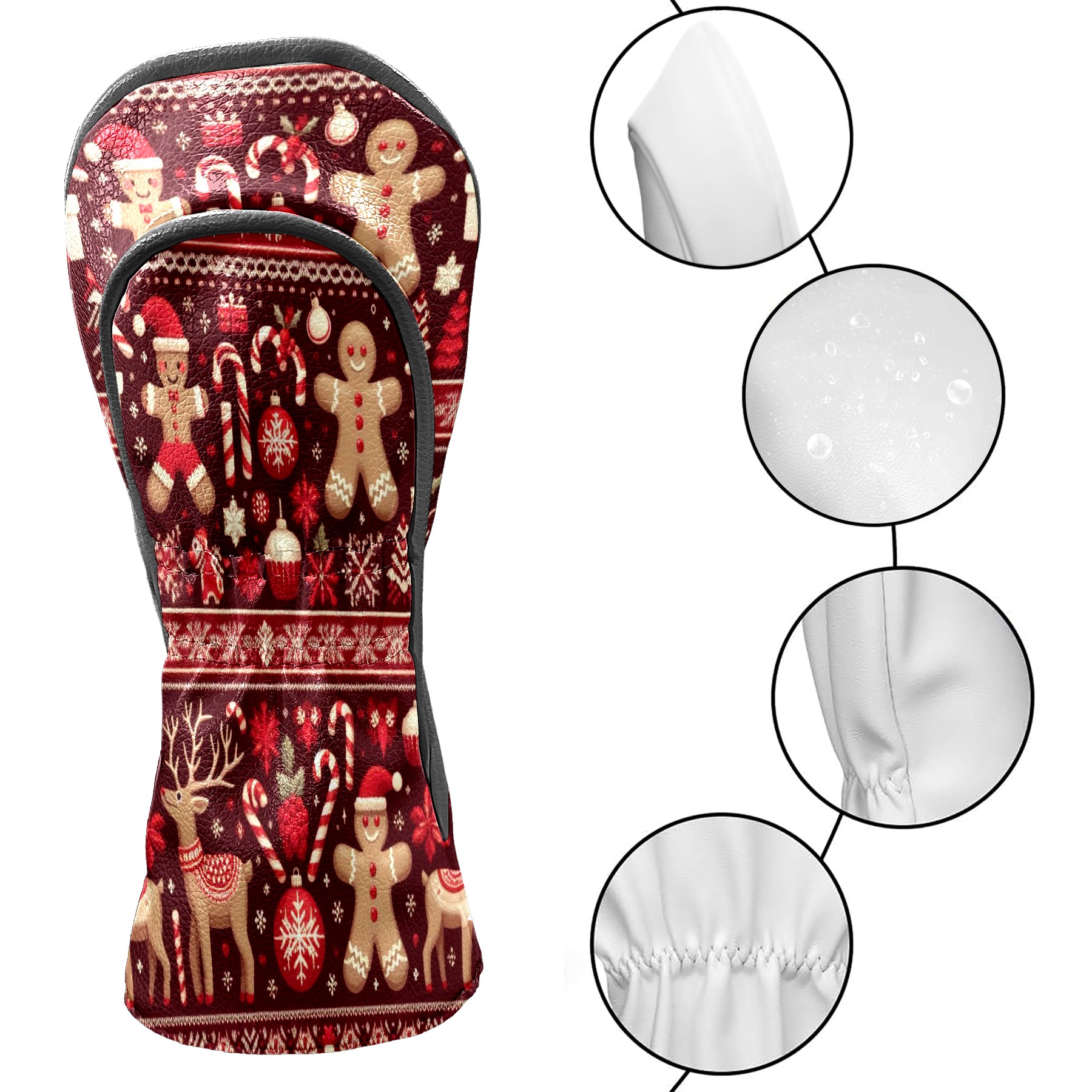 Golf Club Covers, Rown Xmas Gingerbread Premium PU Leather Driver Hybrid Putter Head Covers with Velvet Lining, Waterproof Golf Gifts for Men Women