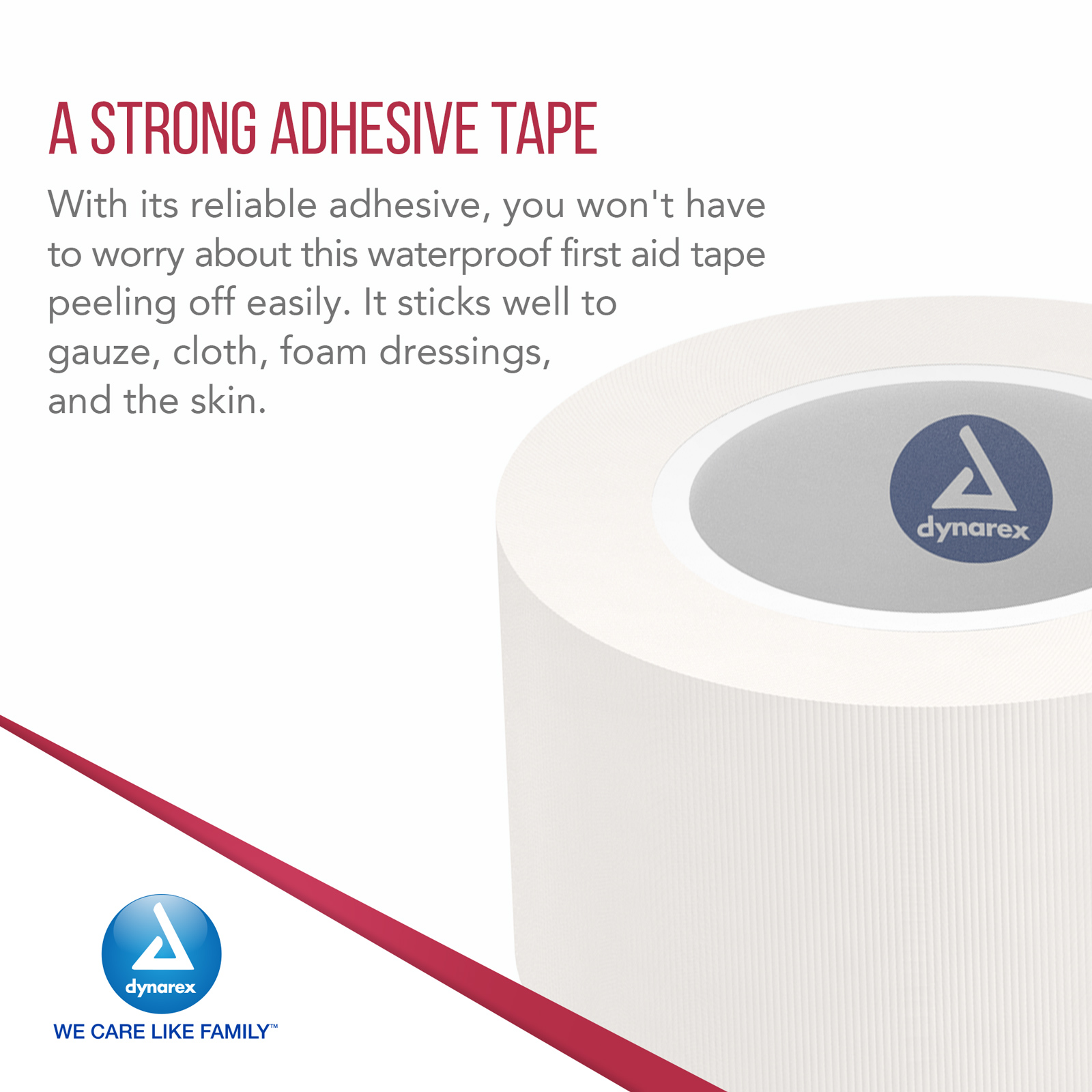 Dynarex Waterproof Adhesive Tape - High-Tensile, Strong Adhesive, Non-Sterile - No Rubber Latex & DEHP - 1” x 2.5 Yards - 500 Rolls per Bulk Case