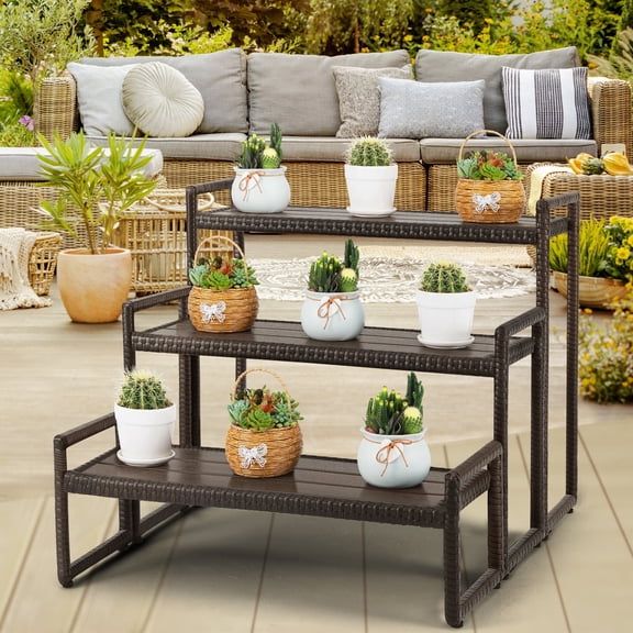 Outdoor Plant Stand 3 Tier Shelf for Patio Flower Pot Planter Stand Holder with Wicker Poly Lumber Shelves Multiple Tall Tiered Plant Display Rack with Adjustable Feet Heavy Duty Stackable Brown
