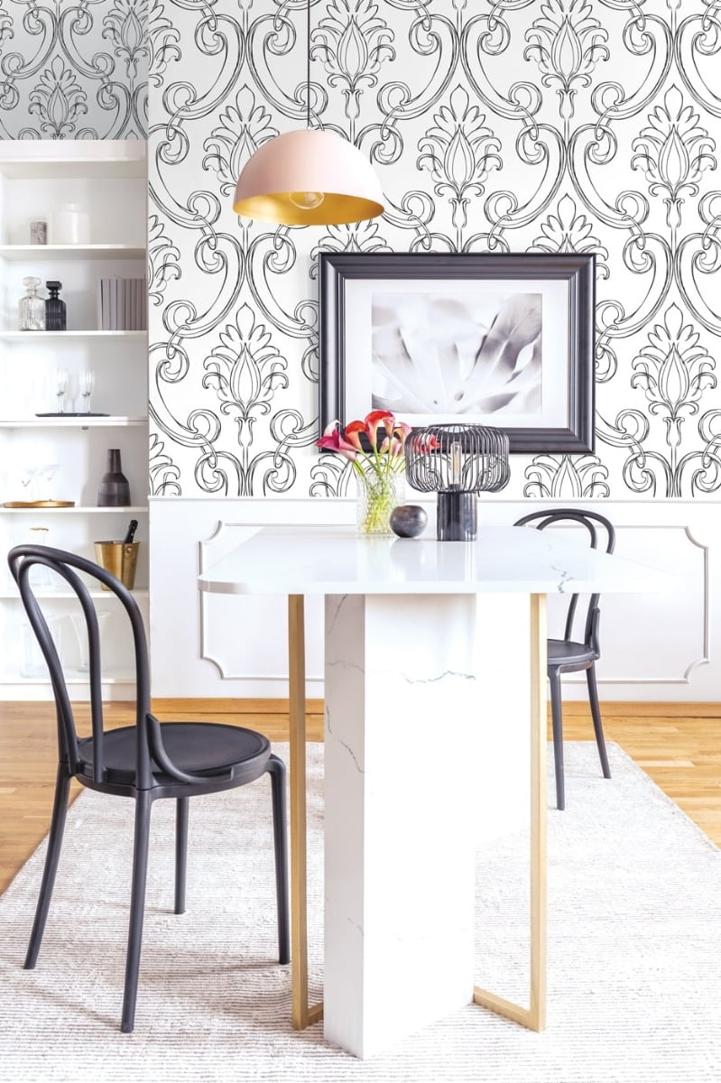 NextWall Ebony Sketched Damask Peel and Stick Wallpaper