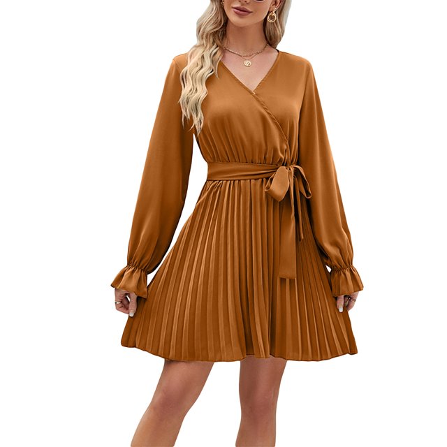 xiaxaixu Femmes Automne Robe de Grossesse Décontractée Couleur Unie Manches Longues V Robe Plissée avec Ceinture