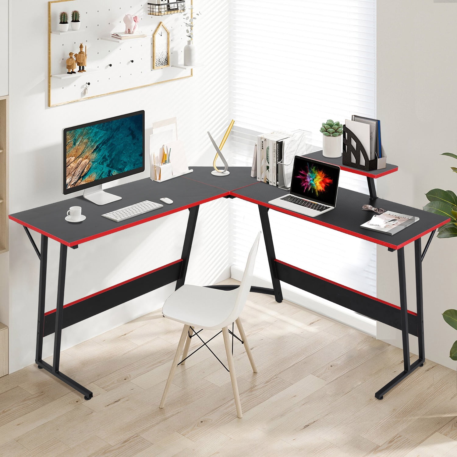 CL.HPAHKL L Shaped Desk Corner Gaming Desk Table with Large Monitor Riser Stand Computer Desk with Large Desktop Studying and Working and Gaming for Home and Work Place（ Black 51 Inch）