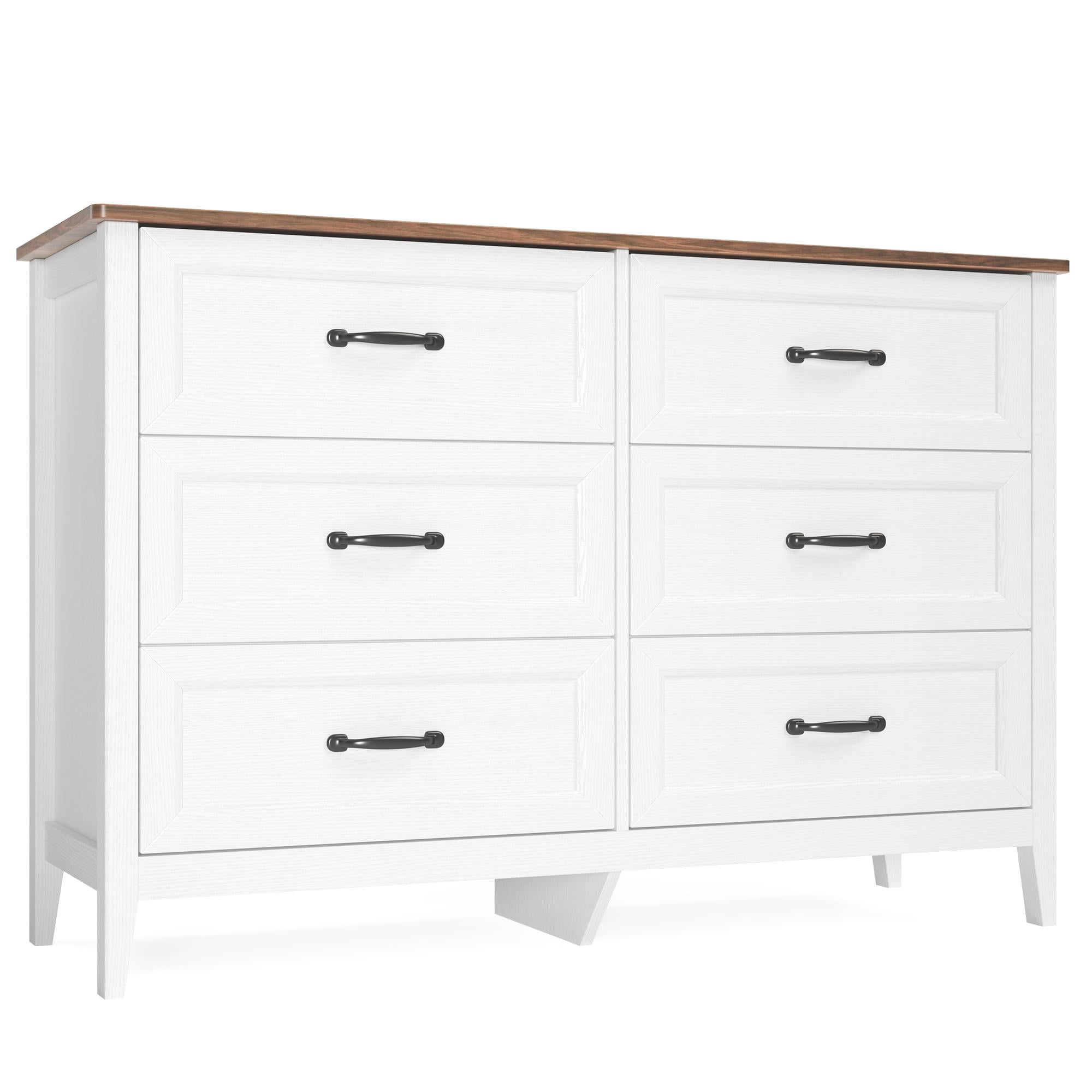 White Dresser, Lofka 6 Drawer Dresser for Bedroom, Chests of Drawers for Living Room, White+Rustic Brown