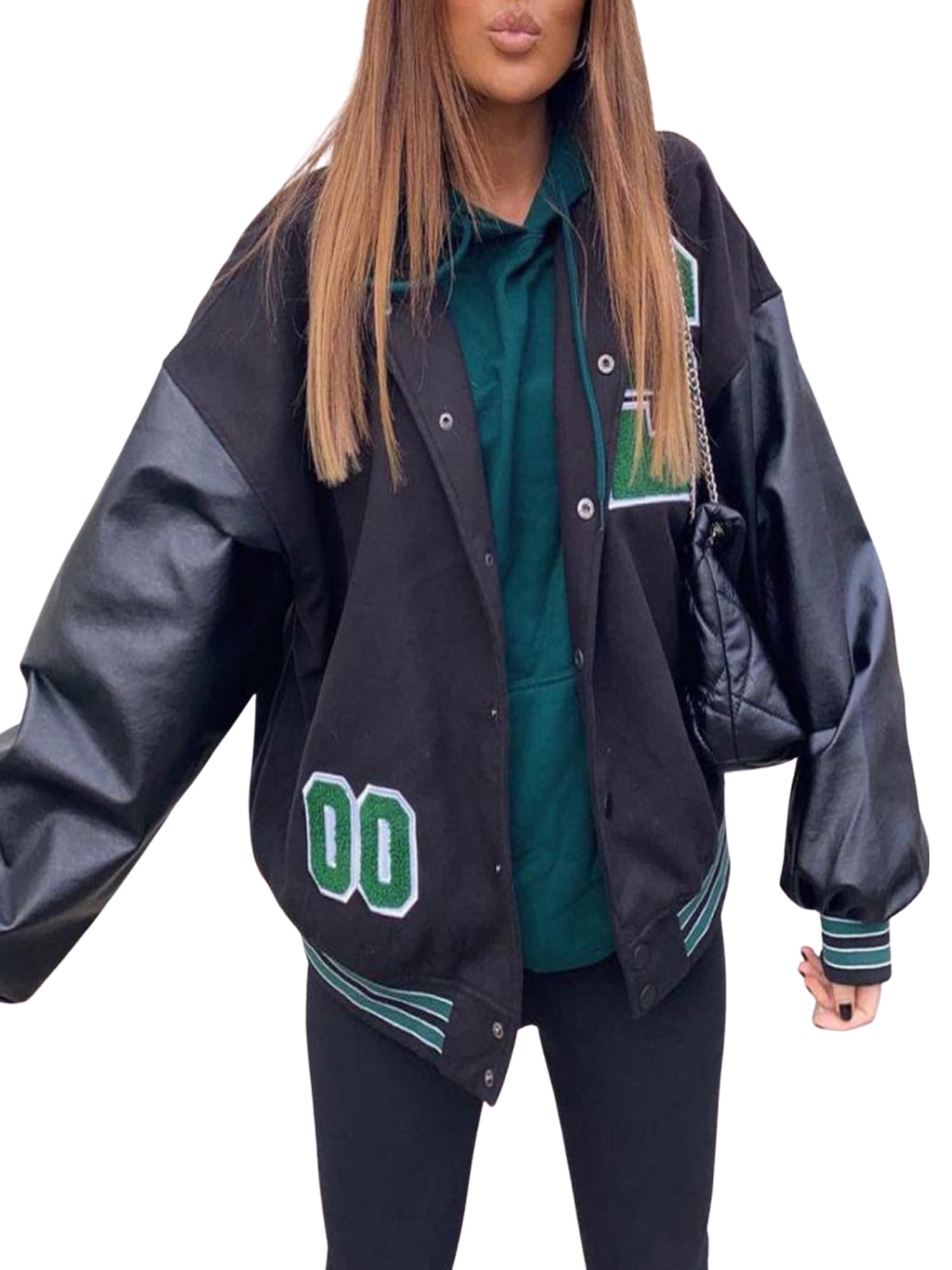 Pu Sleeve Oversized Varsity Jacket