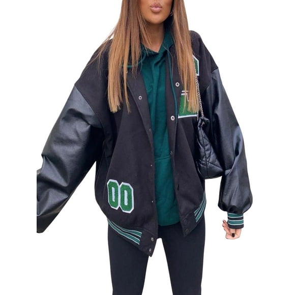 Femmes Oversize Varsity Veste à Manches Longues Zip Bomber Veste Lettre Impression Baseball Manteau Motard Outwear Streetwear