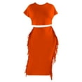 thumbnail image 5 of ZAZYULZ Women's Solid Color Tassel Round Neck Short Sleeve Long Skirt Set(Orange,Xxl), 5 of 6