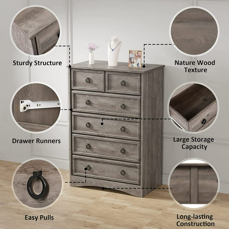 Chest of 6 Drawers, Drawer Dresser storage organizer for Bedroom, Living  Room, Hallway, Nursery, Storage Cabinet Wooden Dresser with Steel  Frame,Black