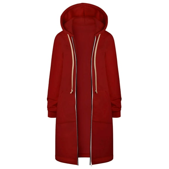 Lcziwo Womens Fleece Lined Hoodies Plus Size Baggy Long Coats Long Sleeve Drawstring Casual Jackets Zip Up Fall Winter Warm Sweatshirts with Pockets 2025 Red,XXXL