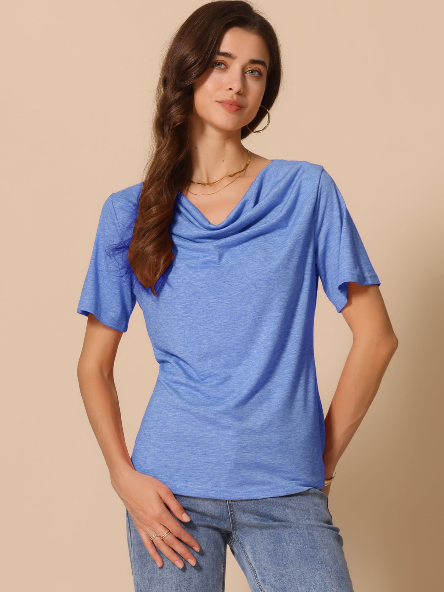 DARING DIVA Women's Cowl Neck Short Sleeve Casual Stretchy Blouse XL Blue