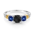 thumbnail image 2 of Gem Stone King 925 Silver and 10K Yellow Gold Black Onyx and Blue Created Sapphire and Diamond 3-Stone Ring for Women (1.64 Cttw, December Birthstone, Cushion Checkerboard 6MM and 4MM, Size 6), 2 of 3