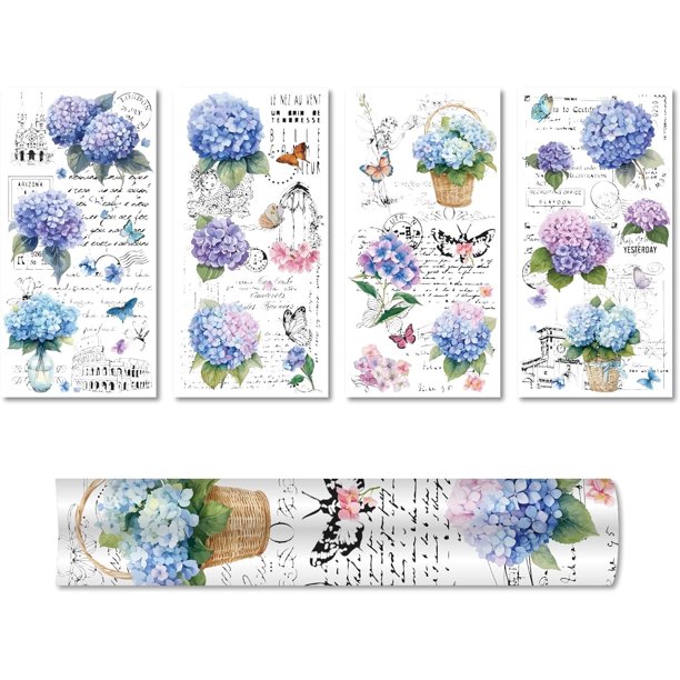 Calcomanías de pared de hortensias, pegatinas de pared de flores azules, pegatinas decorativas impermeables de PVC, murales de pared de mariposas florales de verano y primavera, calcomanías