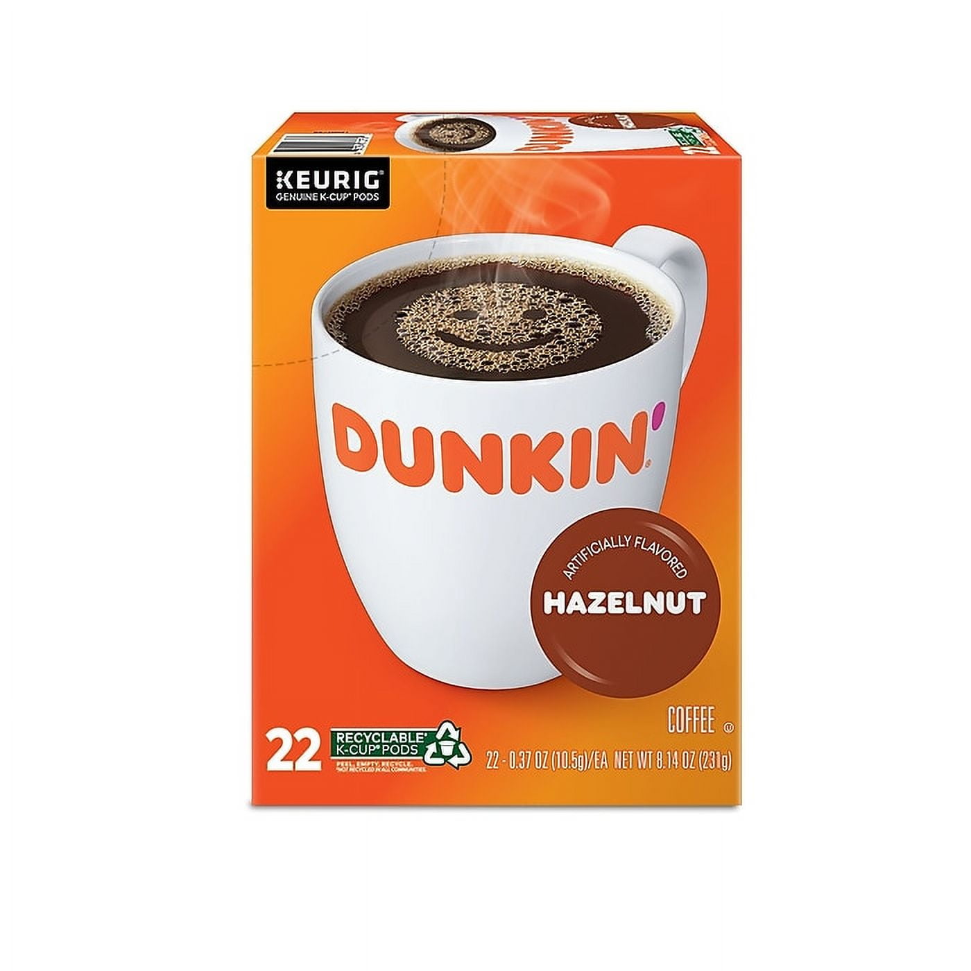 Dunkin' Hazelnut Coffee, Medium Roast, 0.37 oz. Keurig K-Cup Pods, 22 ct Pack of 3