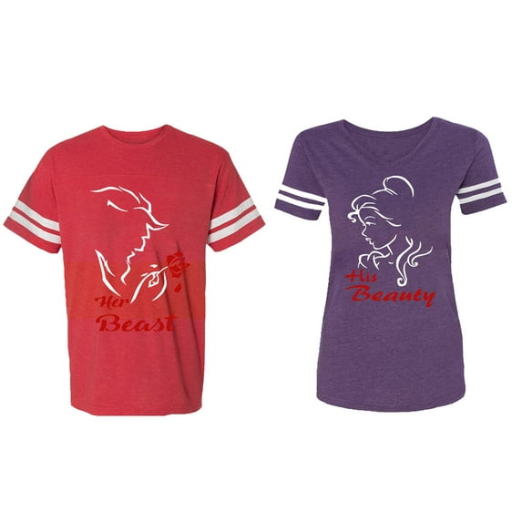 Her Beauty His Beast Matching Couple Cotton Jerseys (Men Red / Women Purple) (Men XL / Women XXL)