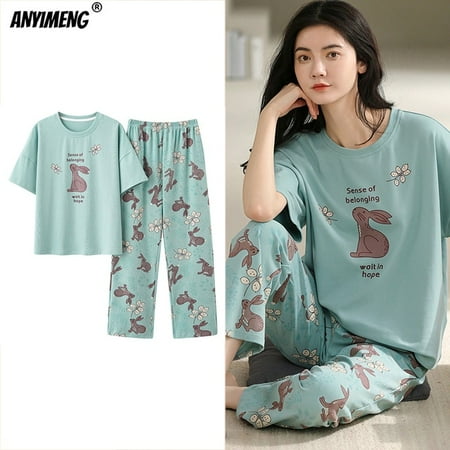 

New Sleepwear Cartoon Cotton Pajamas for Women Long Pants Short Sleeved Summer Spring Loungewear Fashion Home Clothing Homewear